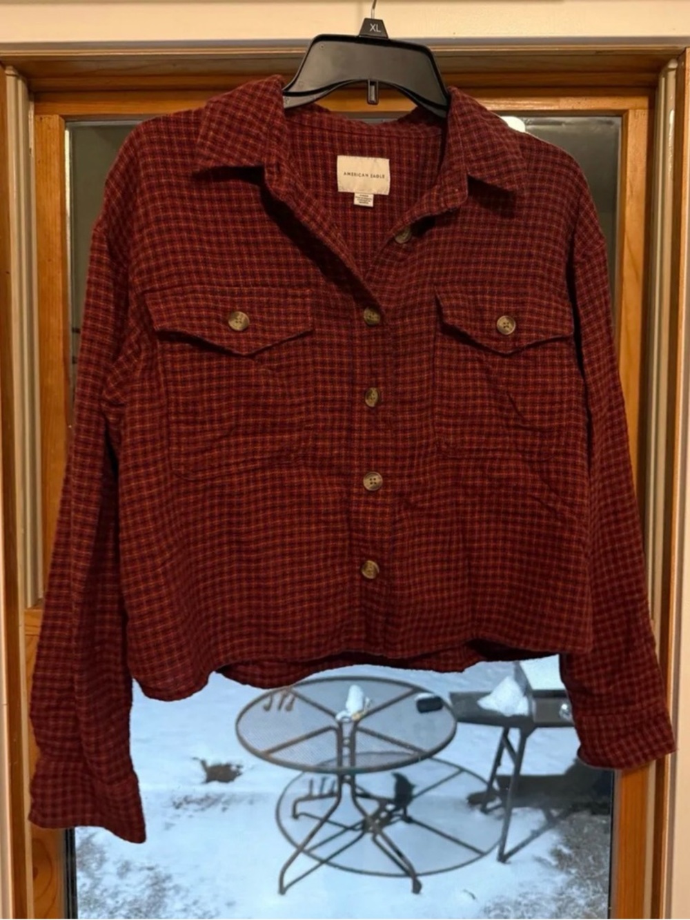 American Eagle Outfitters Burgundy Plaid Button-Front Shacket